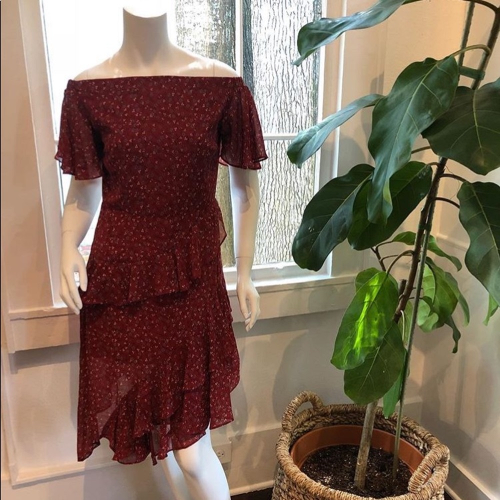 Everly red floral off the shoulder dress.